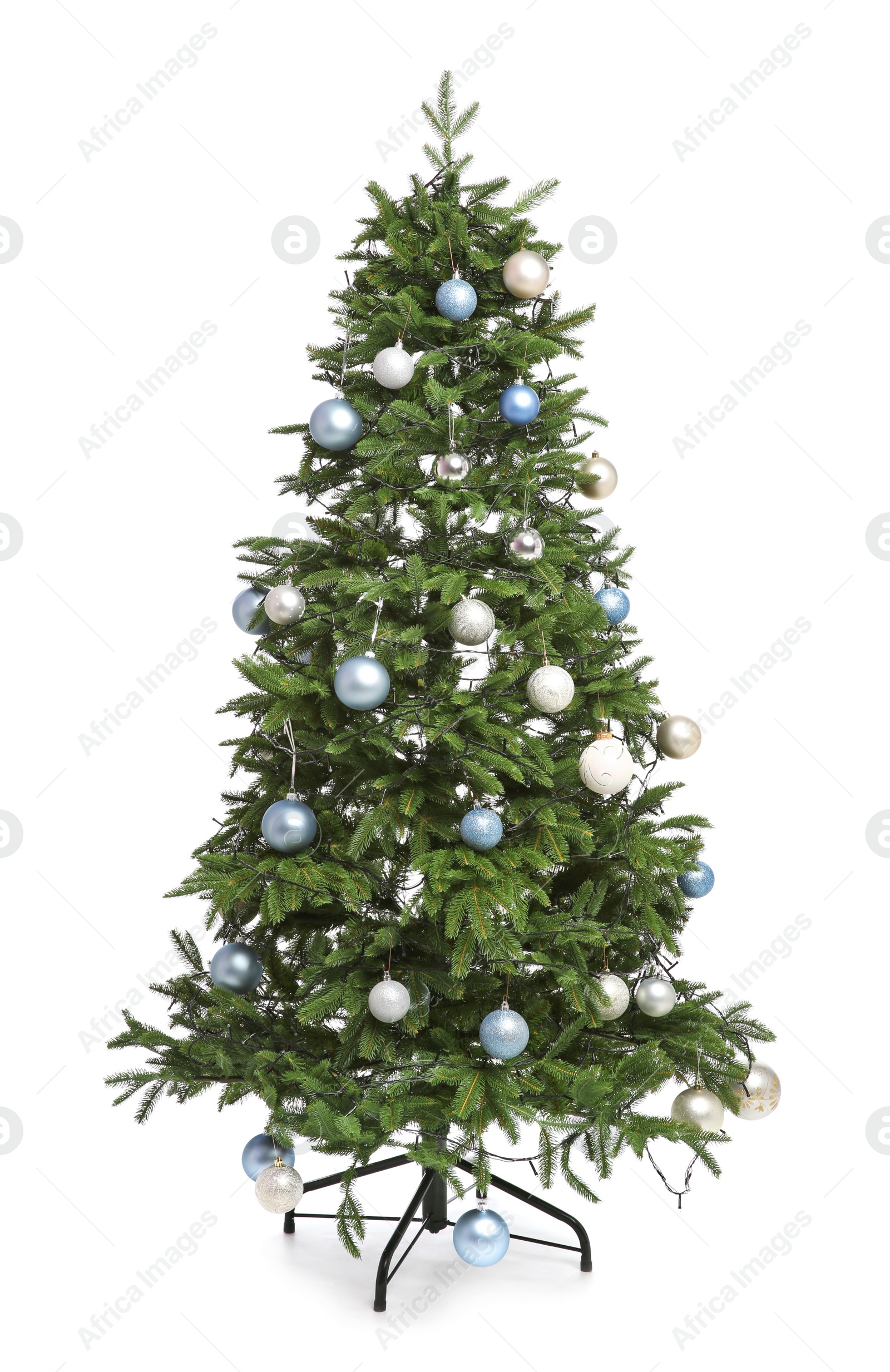 Photo of Beautifully decorated Christmas tree on white background