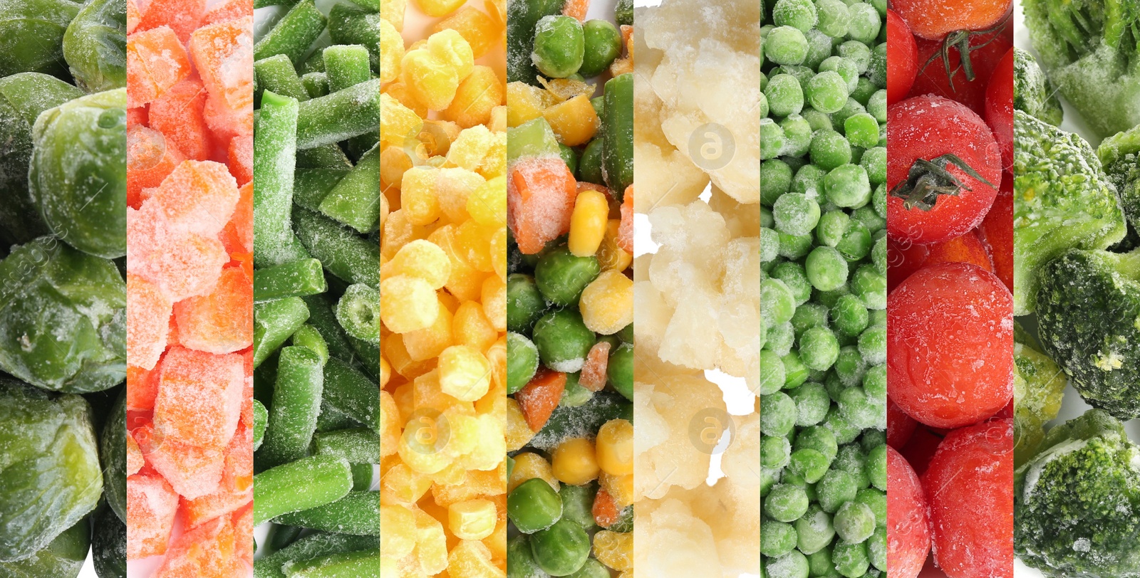 Image of Collage with different frozen vegetables as background, top view