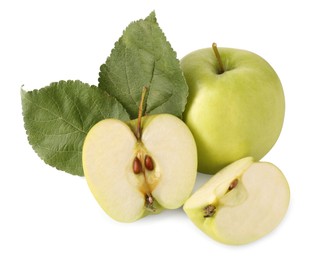 Photo of Whole, cut ripe apples and leaves isolated on white