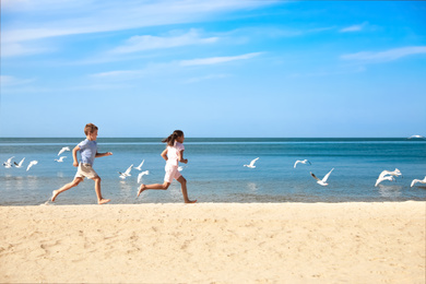 Photo of Cute little children playing on sandy beach