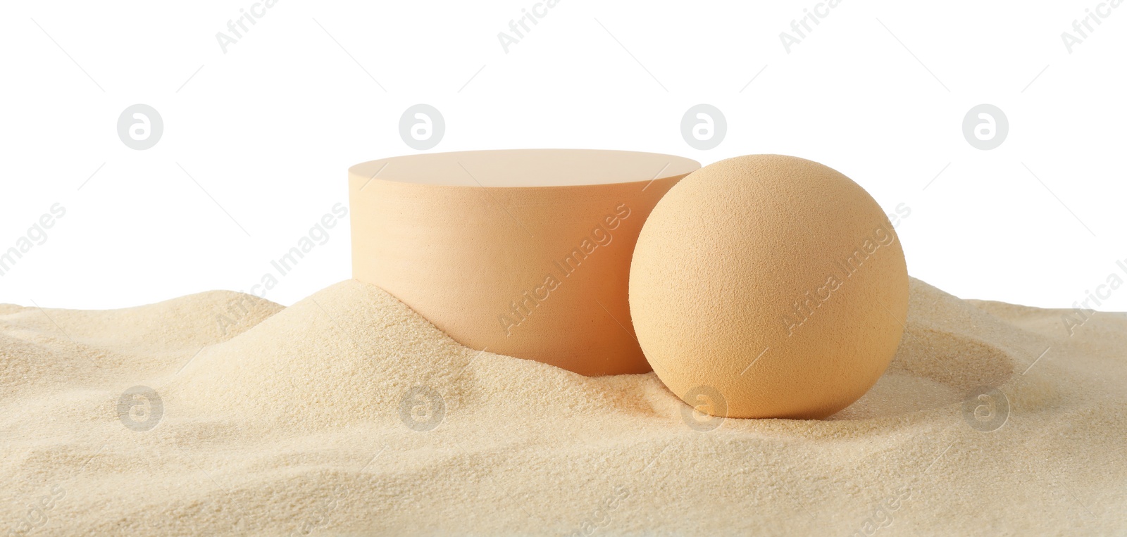 Photo of Presentation of product. Different podiums on sand against white background