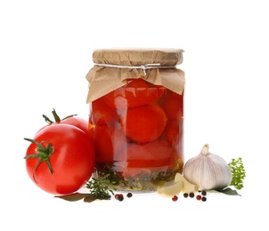 Photo of Jar of pickled tomatoes and fresh ingredients on white background