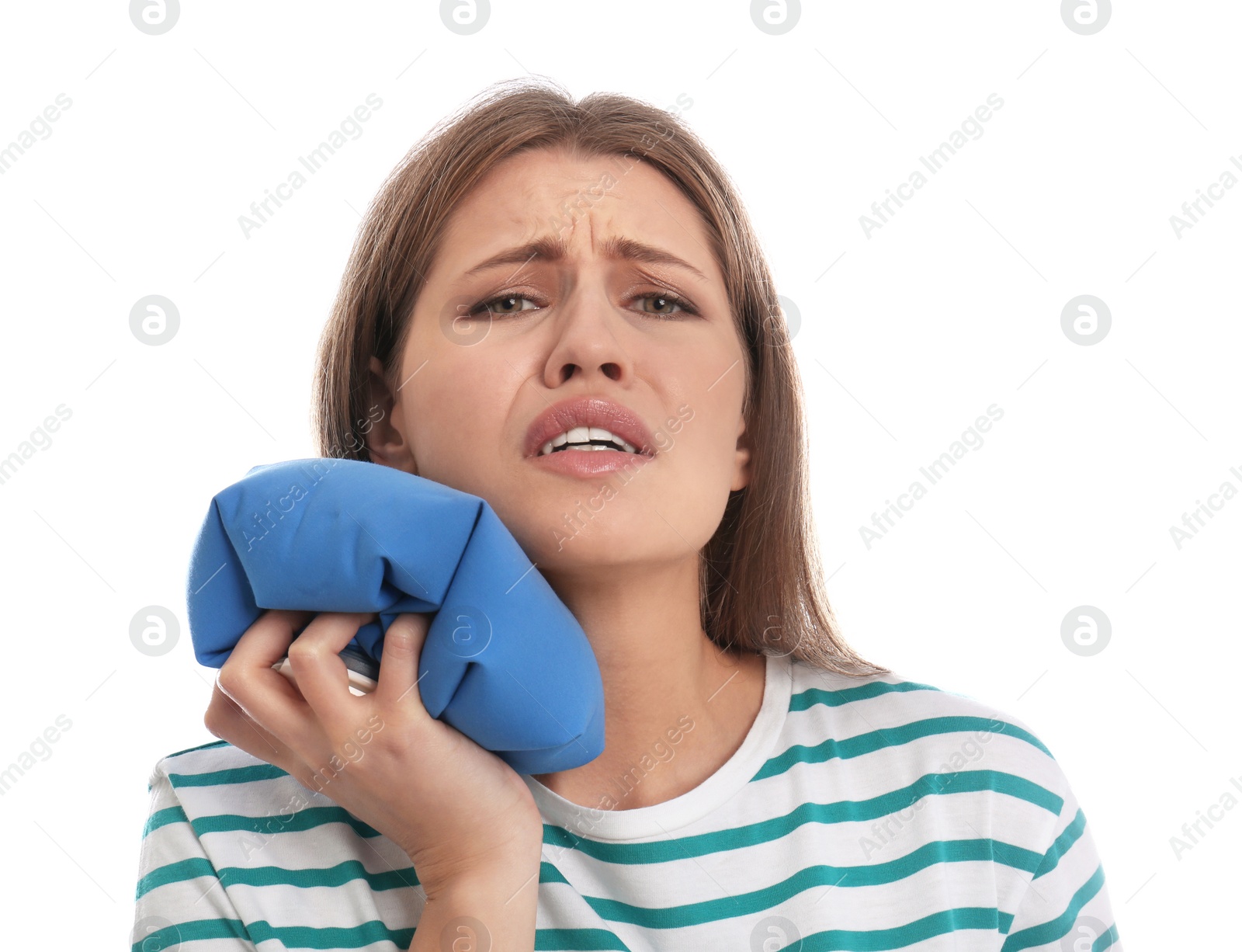 Photo of Young woman suffering from toothache on white background