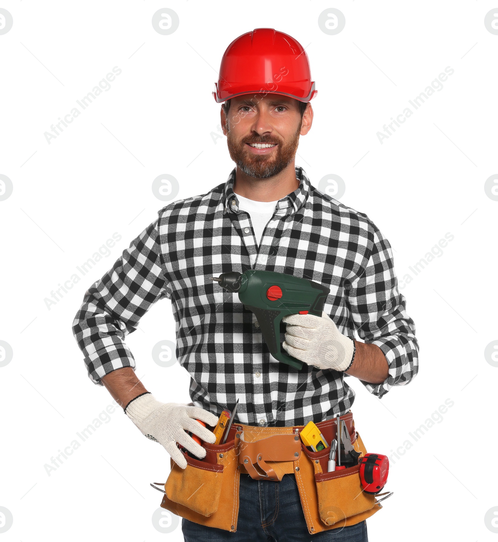 Photo of Professional builder in hard hat with tool belt and power drill isolated on white