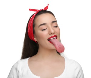 Image of Portrait of beautiful woman showing long tongue on white background