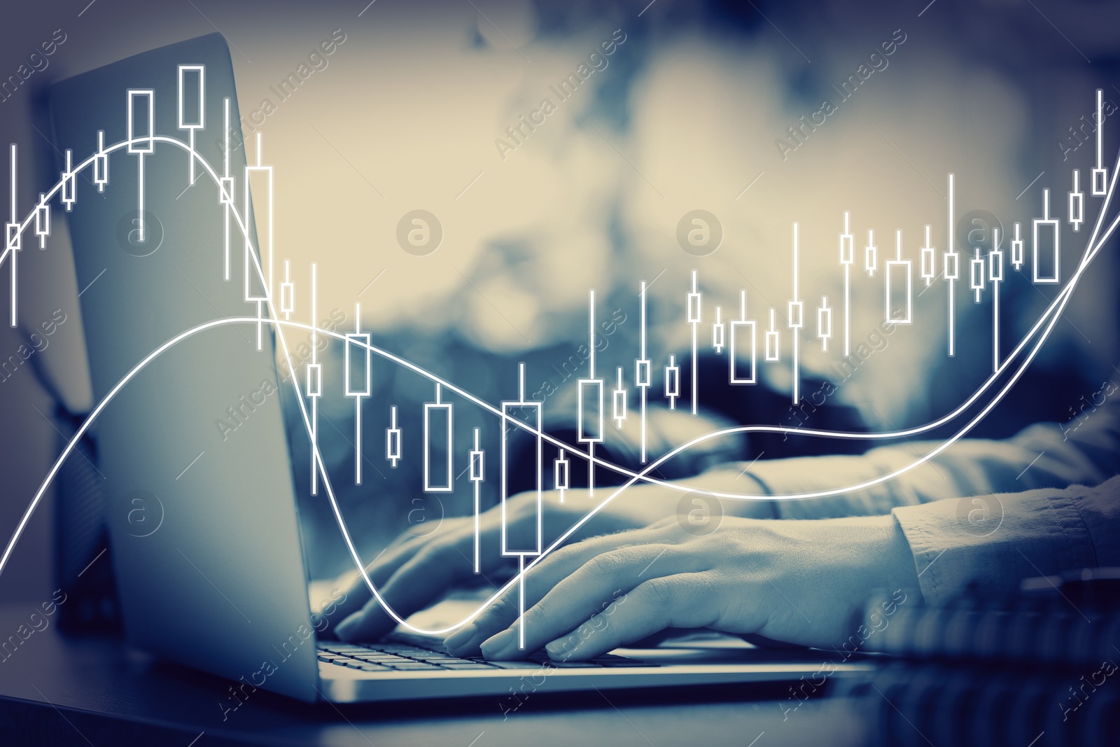 Image of Forex trading. Woman working with laptop at table and chart, closeup