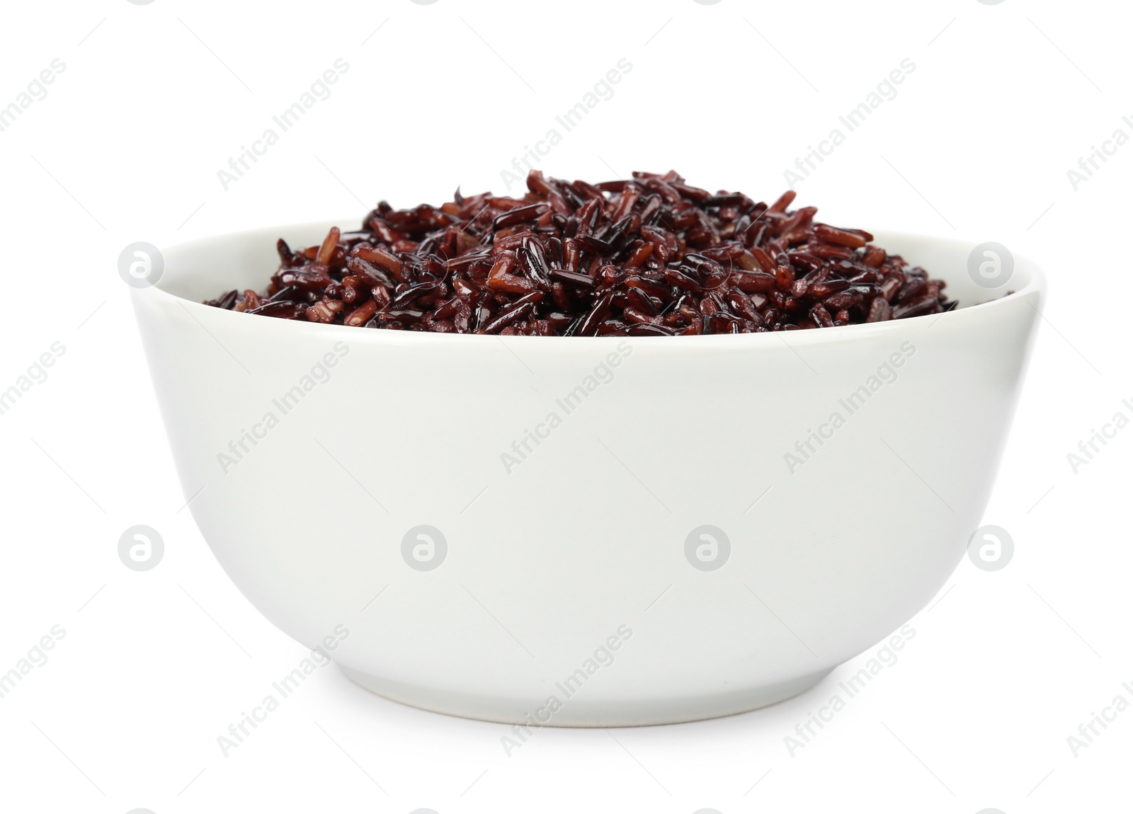 Photo of Bowl with delicious cooked brown rice on white background