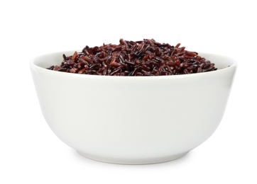 Photo of Bowl with delicious cooked brown rice on white background