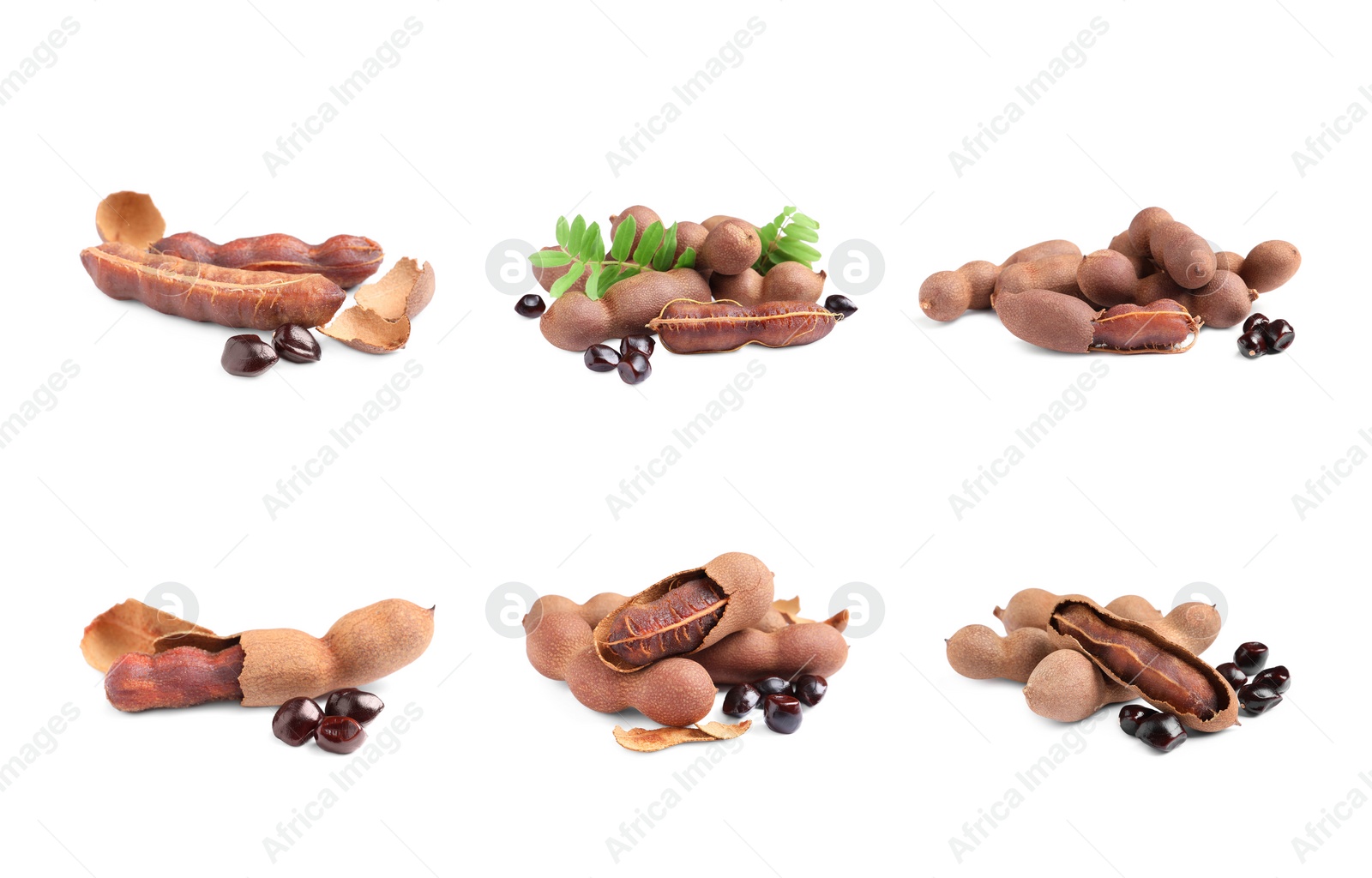 Image of Set with delicious ripe tamarinds on white background. Exotic fruit