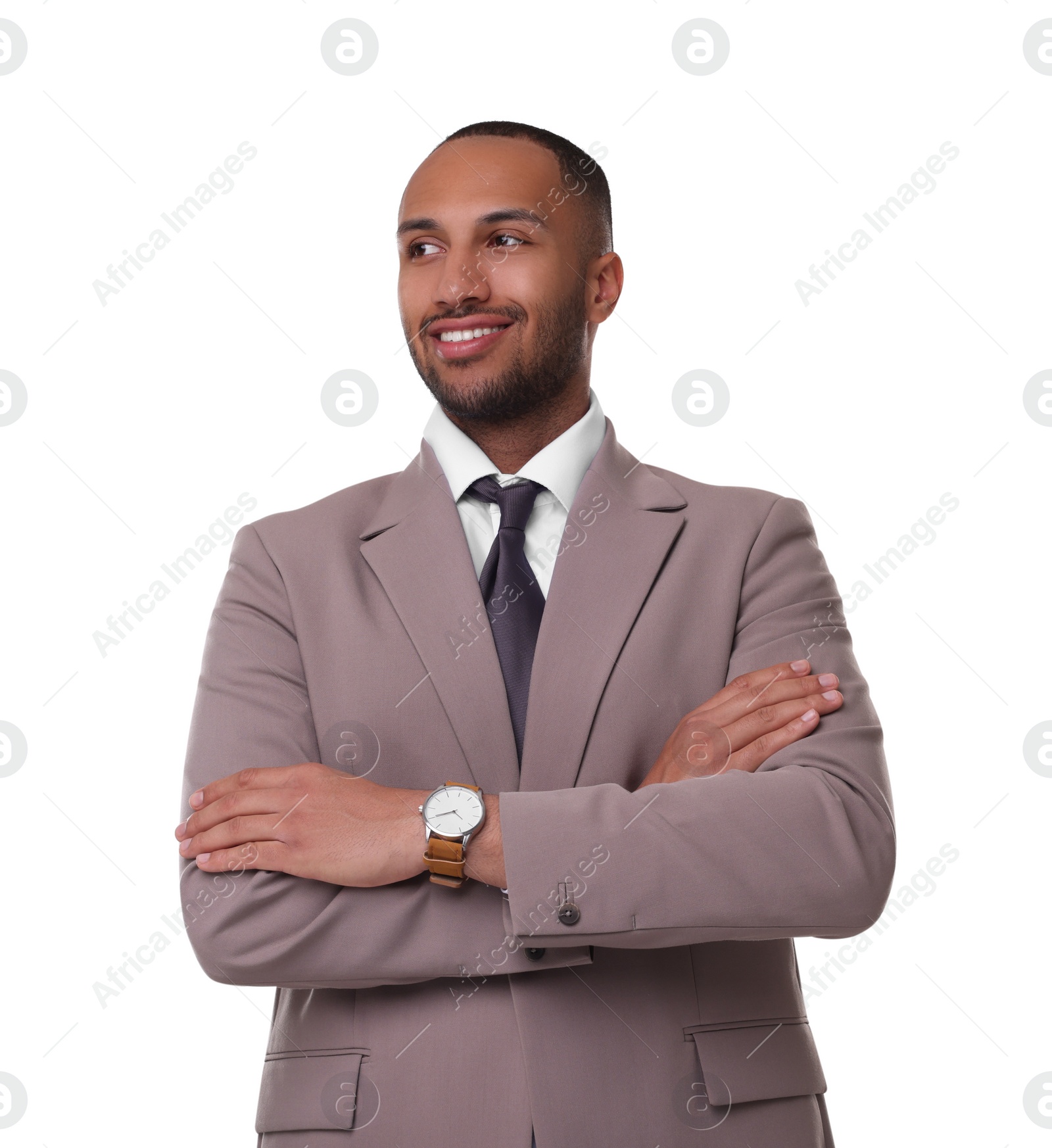 Photo of Portrait of happy man with crossed arms on white background. Lawyer, businessman, accountant or manager