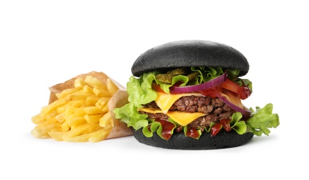 Tasty black burger with French fries isolated on white