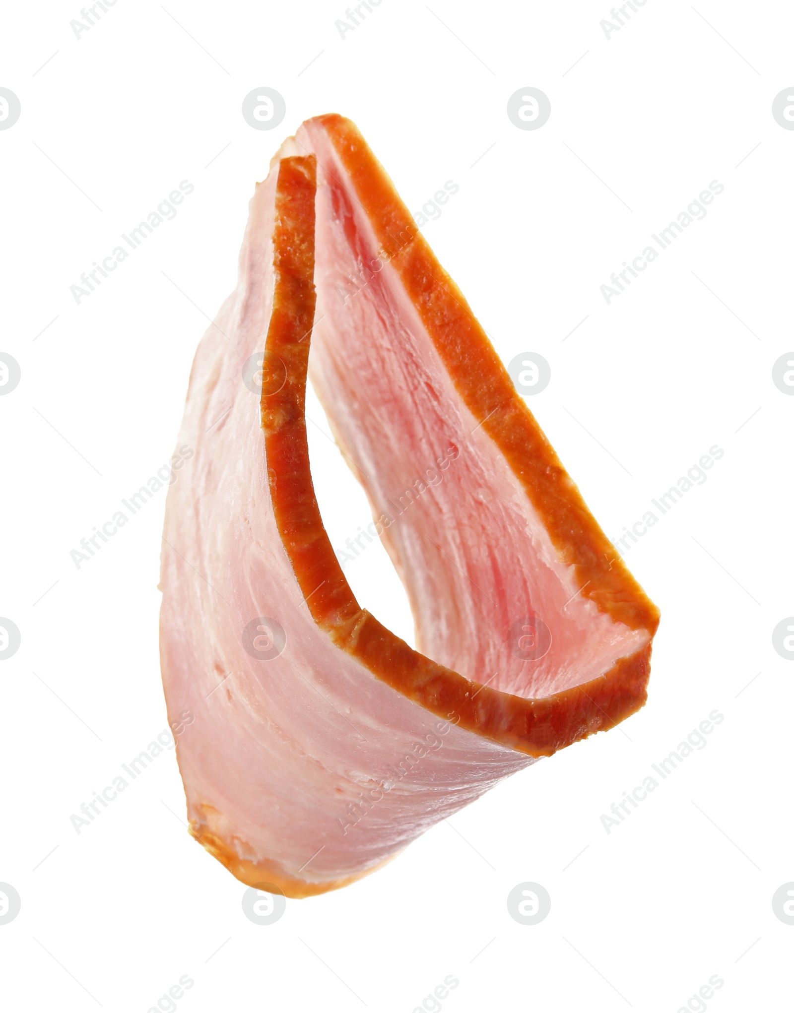 Photo of Slice of delicious smoked bacon isolated on white