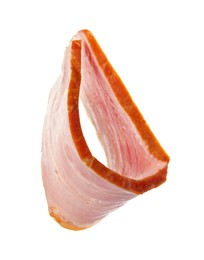 Photo of Slice of delicious smoked bacon isolated on white