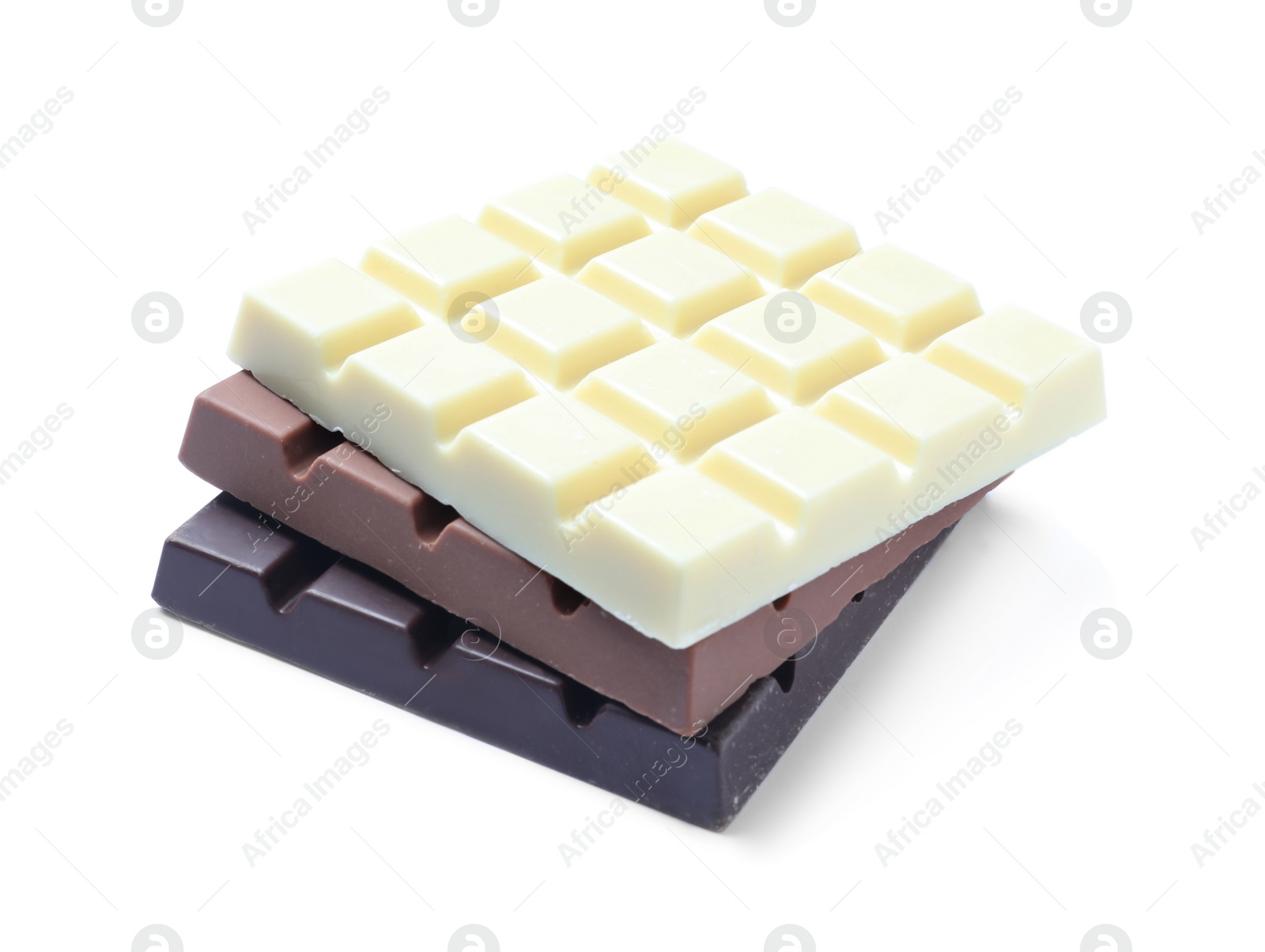 Photo of Different delicious chocolate bars isolated on white