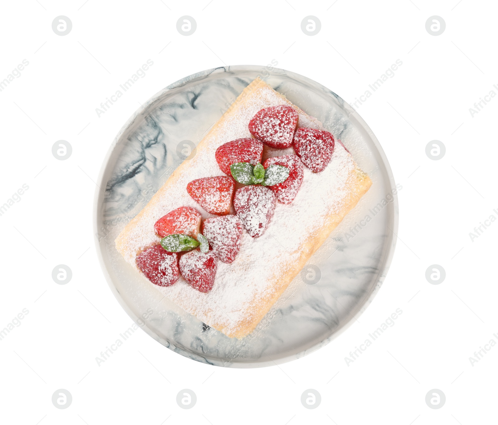 Photo of Delicious cake roll with strawberries isolated on white, top view