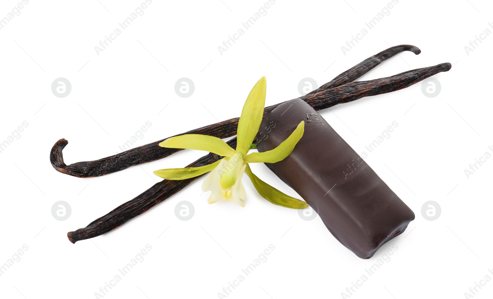 Photo of Glazed curd cheese bar, vanilla pods and flower isolated on white