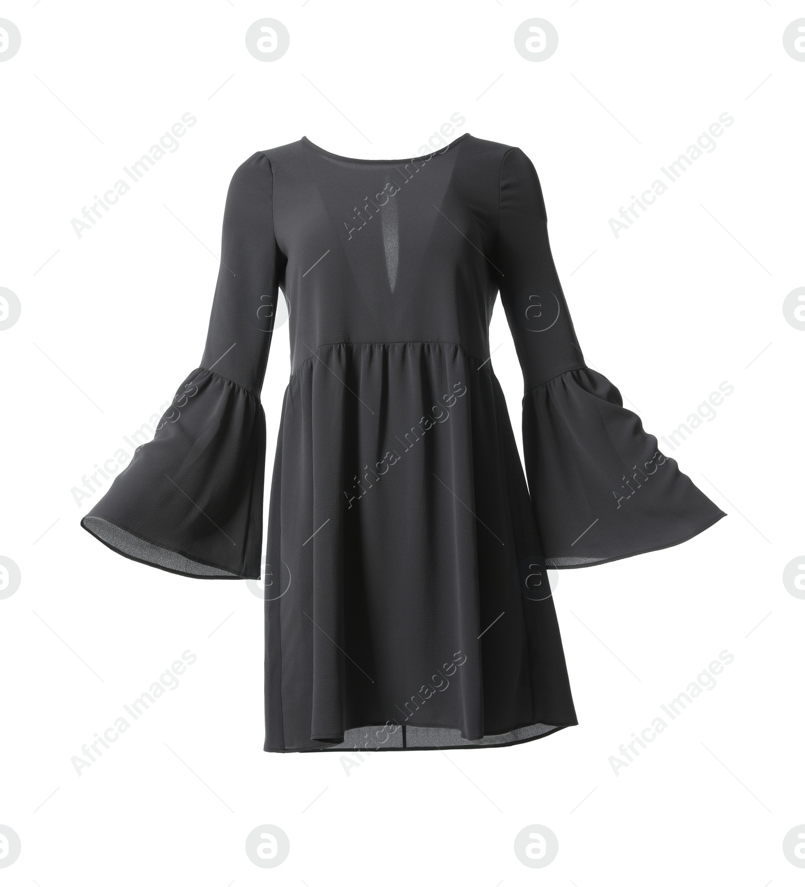 Photo of Beautiful short black dress on white background
