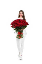 Photo of Full length portrait of beautiful woman with bouquet of roses on white background