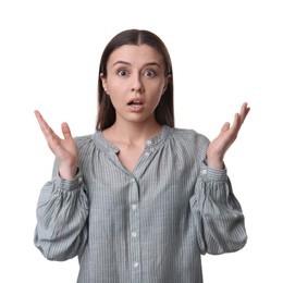 Portrait of emotional young woman on white background. Personality concept