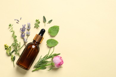 Photo of Bottle of essential oil, different herbs and rose flower on beige background, flat lay. Space for text