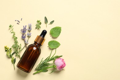 Bottle of essential oil, different herbs and rose flower on beige background, flat lay. Space for text