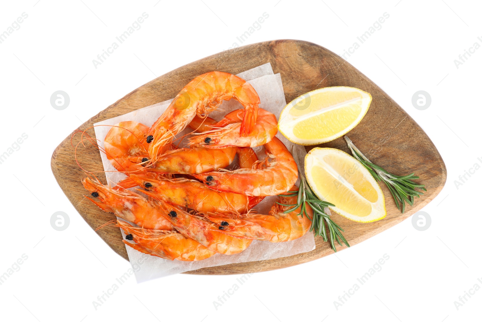 Photo of Delicious cooked shrimps served with lemon and rosemary on white background, top view