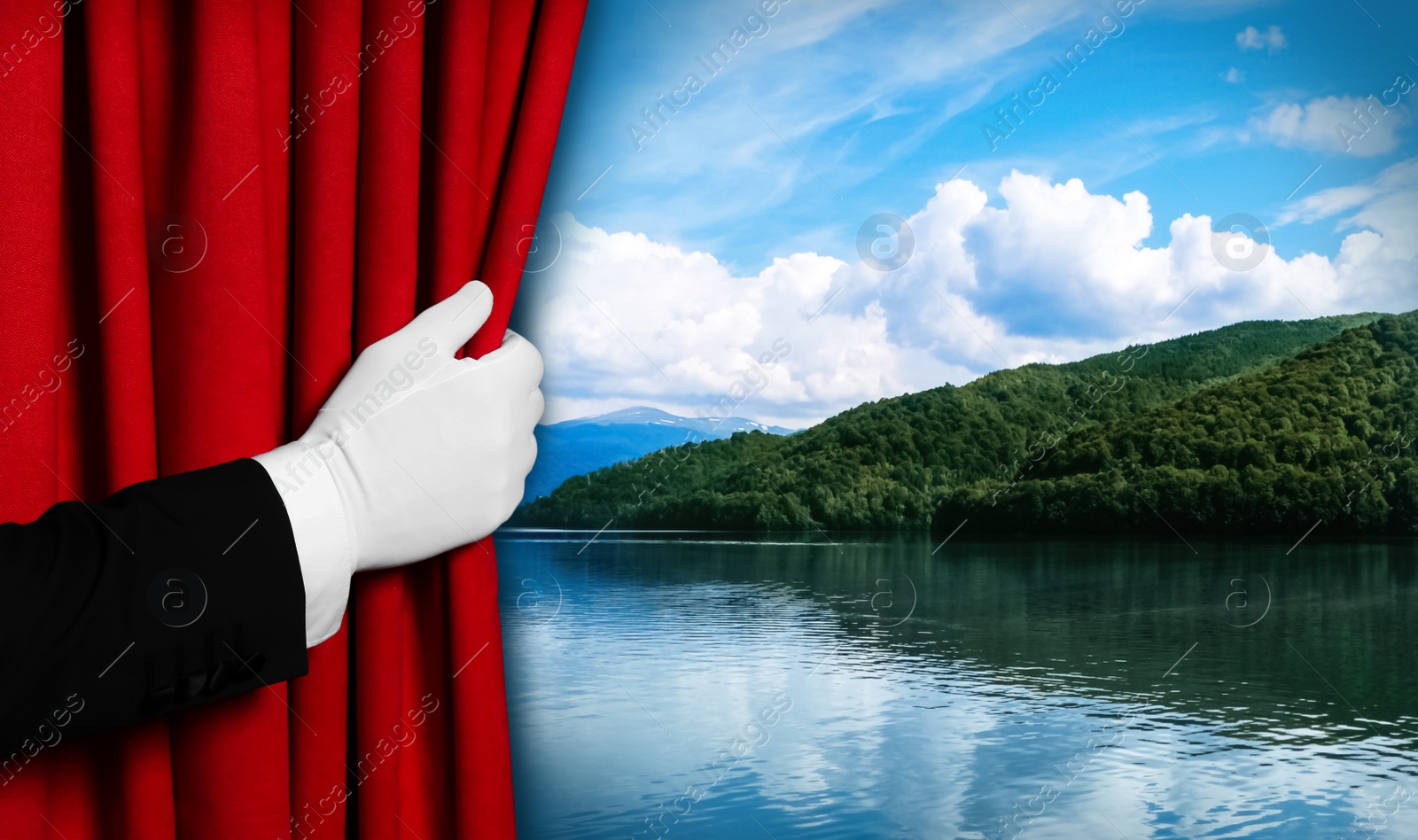 Image of Man opening red front curtain and picturesque view of river and mountains on background