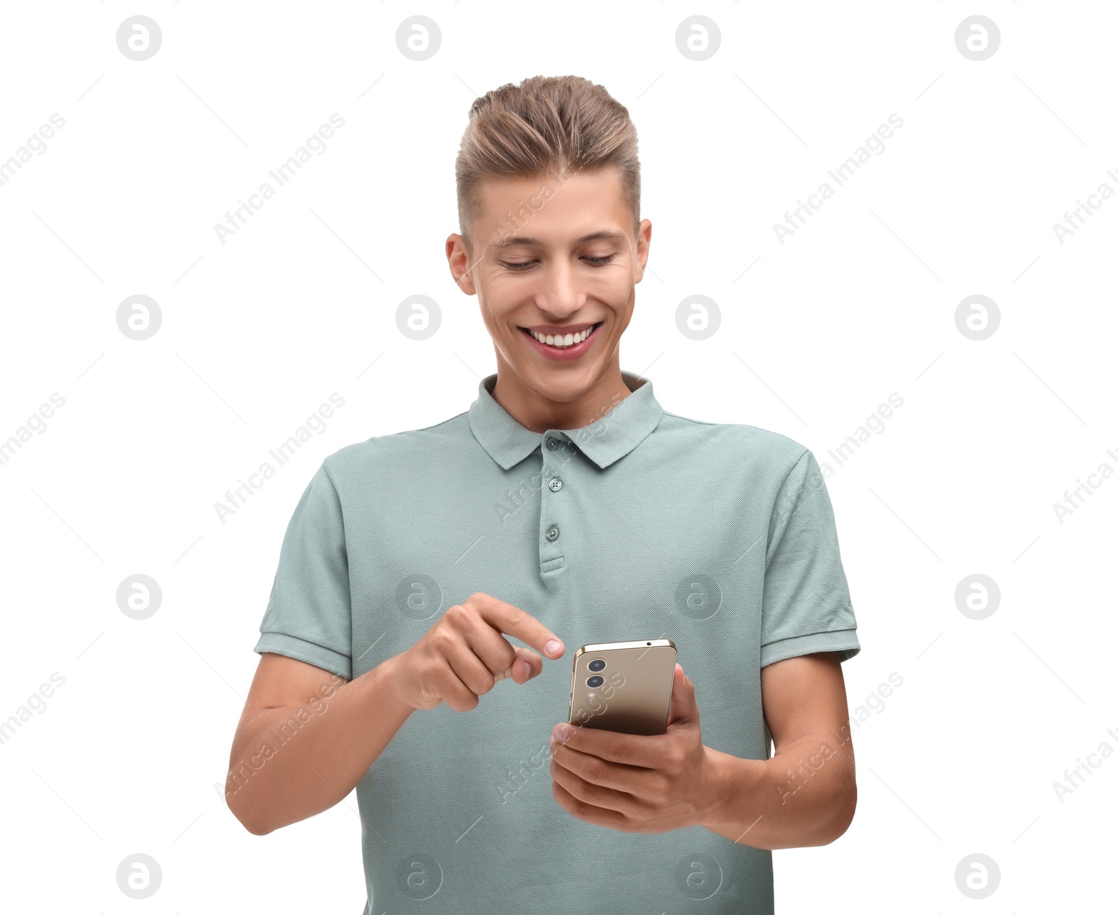 Photo of Happy young man sending message via smartphone on white background