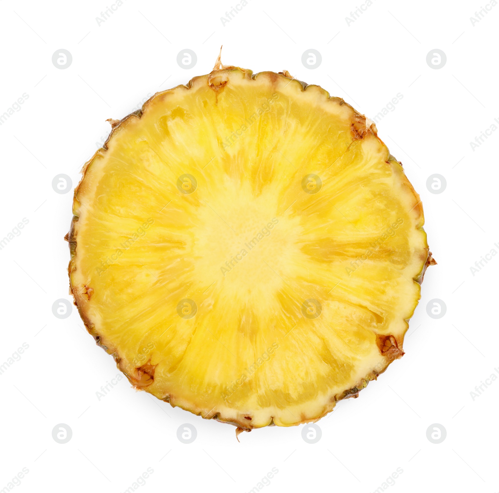 Photo of Slice of tasty ripe pineapple isolated on white, top view