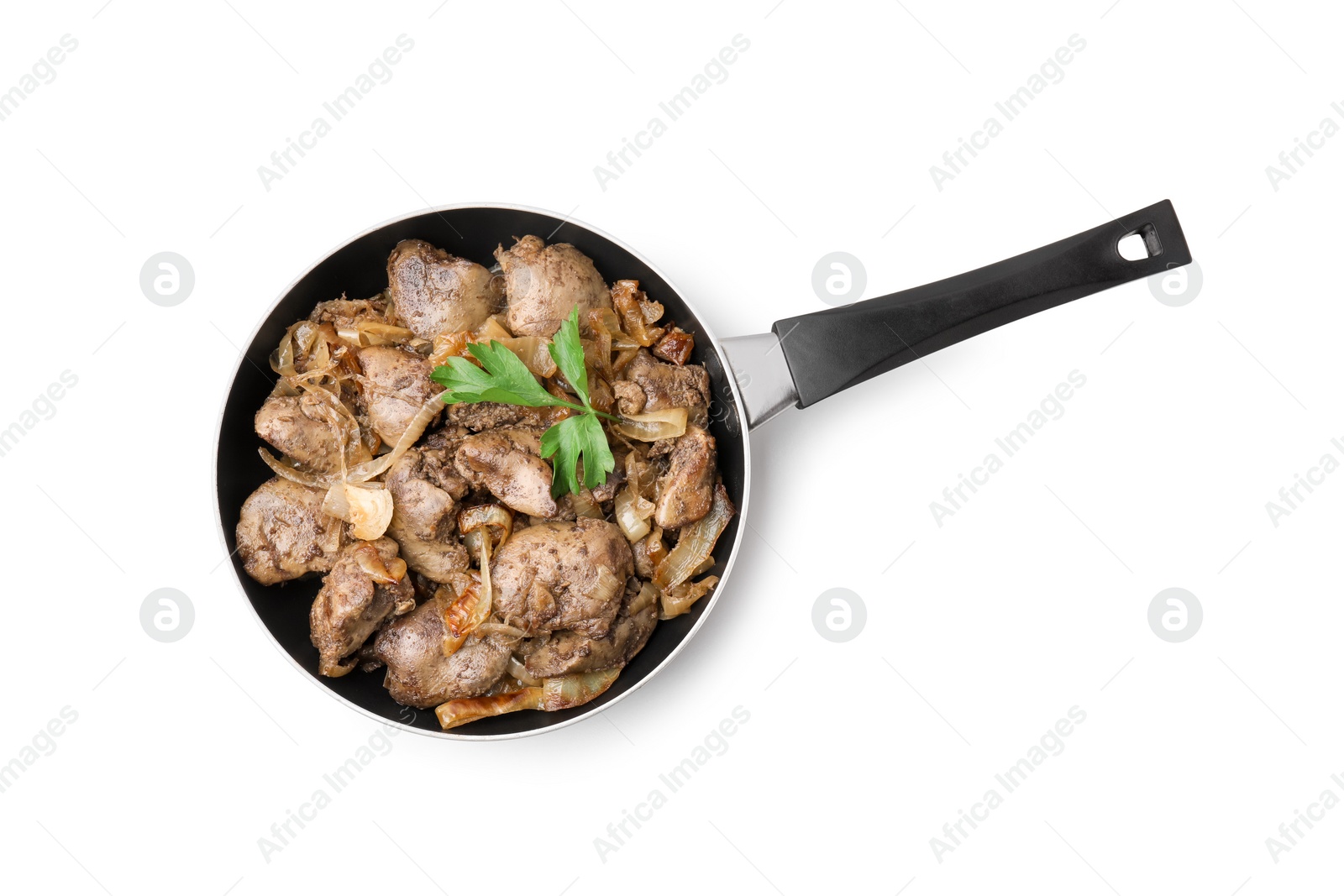 Photo of Pan with tasty fried chicken liver, onion and parsley isolated on white, top view