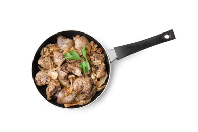 Pan with tasty fried chicken liver, onion and parsley isolated on white, top view