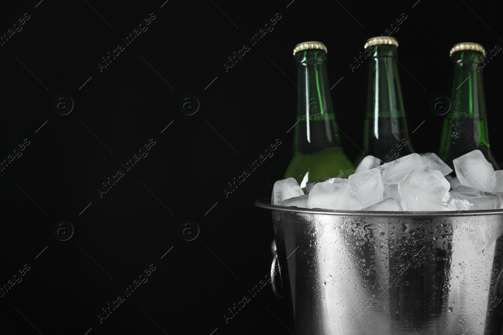 Photo of Metal bucket with bottles of beer and ice cubes on black background. Space for text