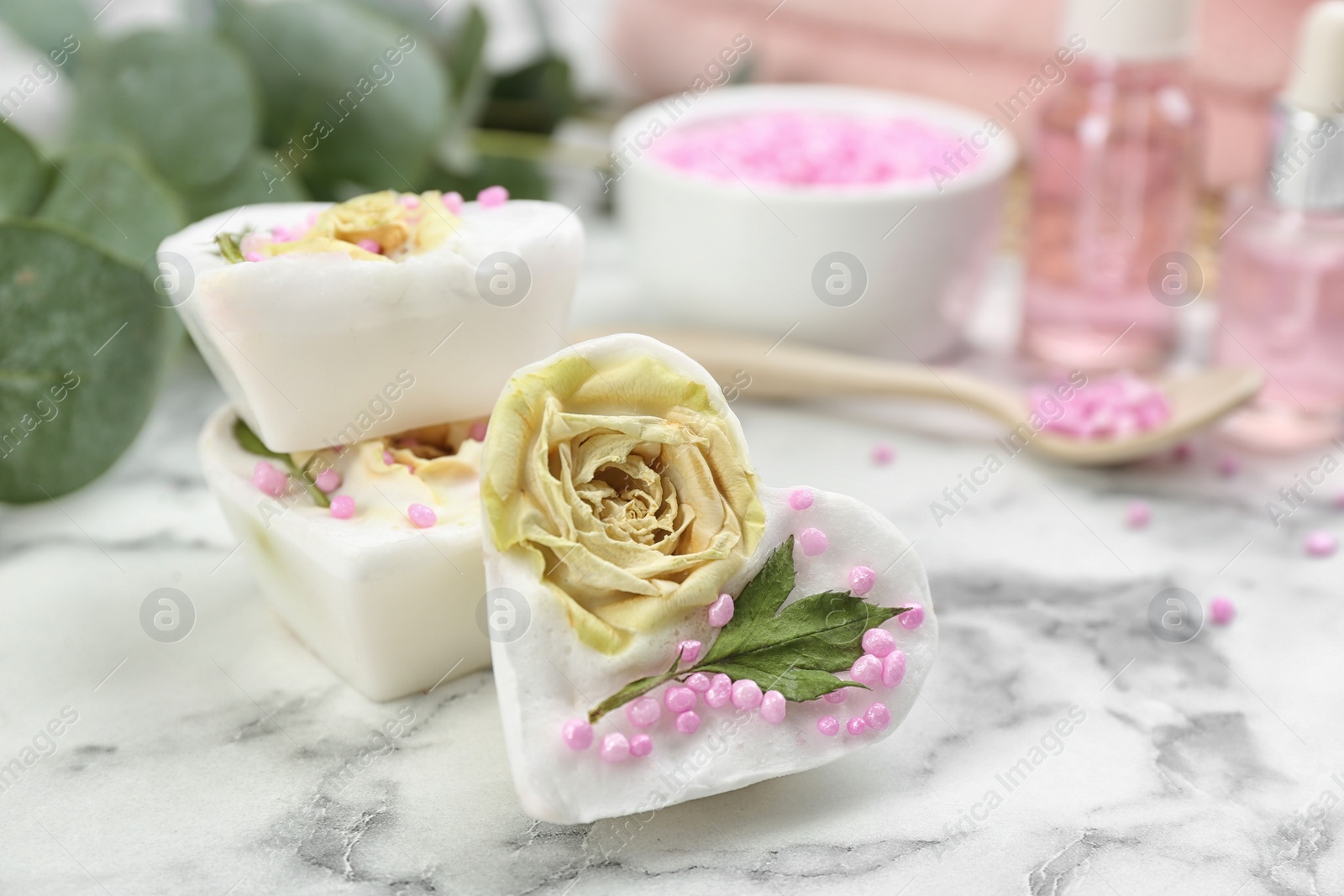 Photo of Natural handmade soap bars on marble table