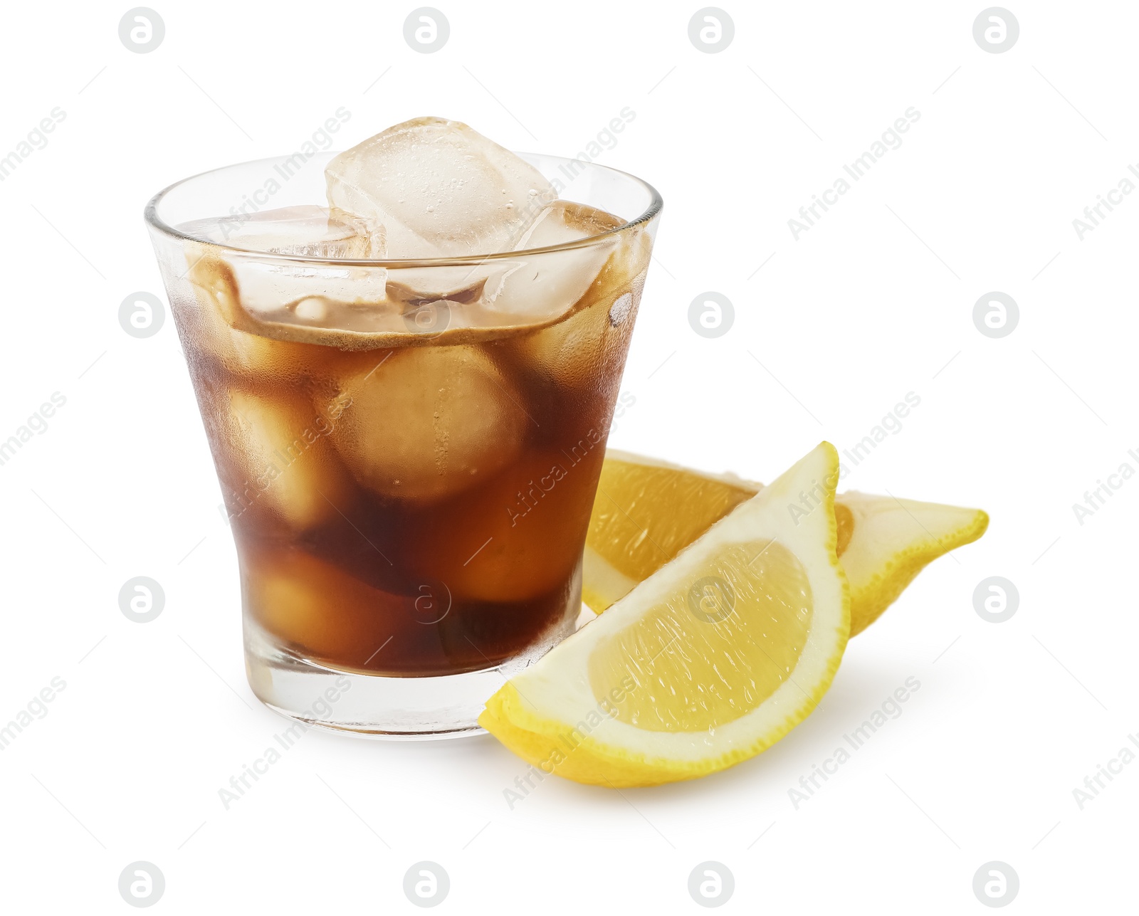 Photo of Iced coffee in glass and cut lemon isolated on white