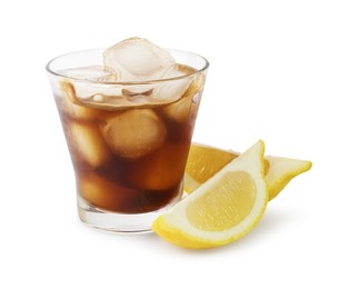 Photo of Iced coffee in glass and cut lemon isolated on white