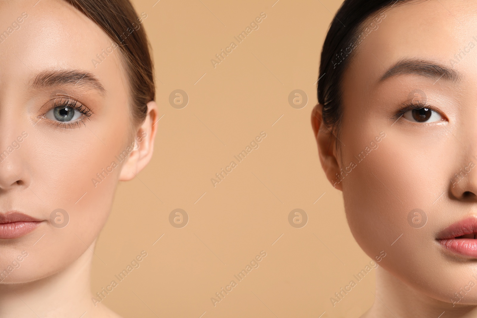 Photo of Beautiful young women with healthy skin on beige background, closeup. Space for text