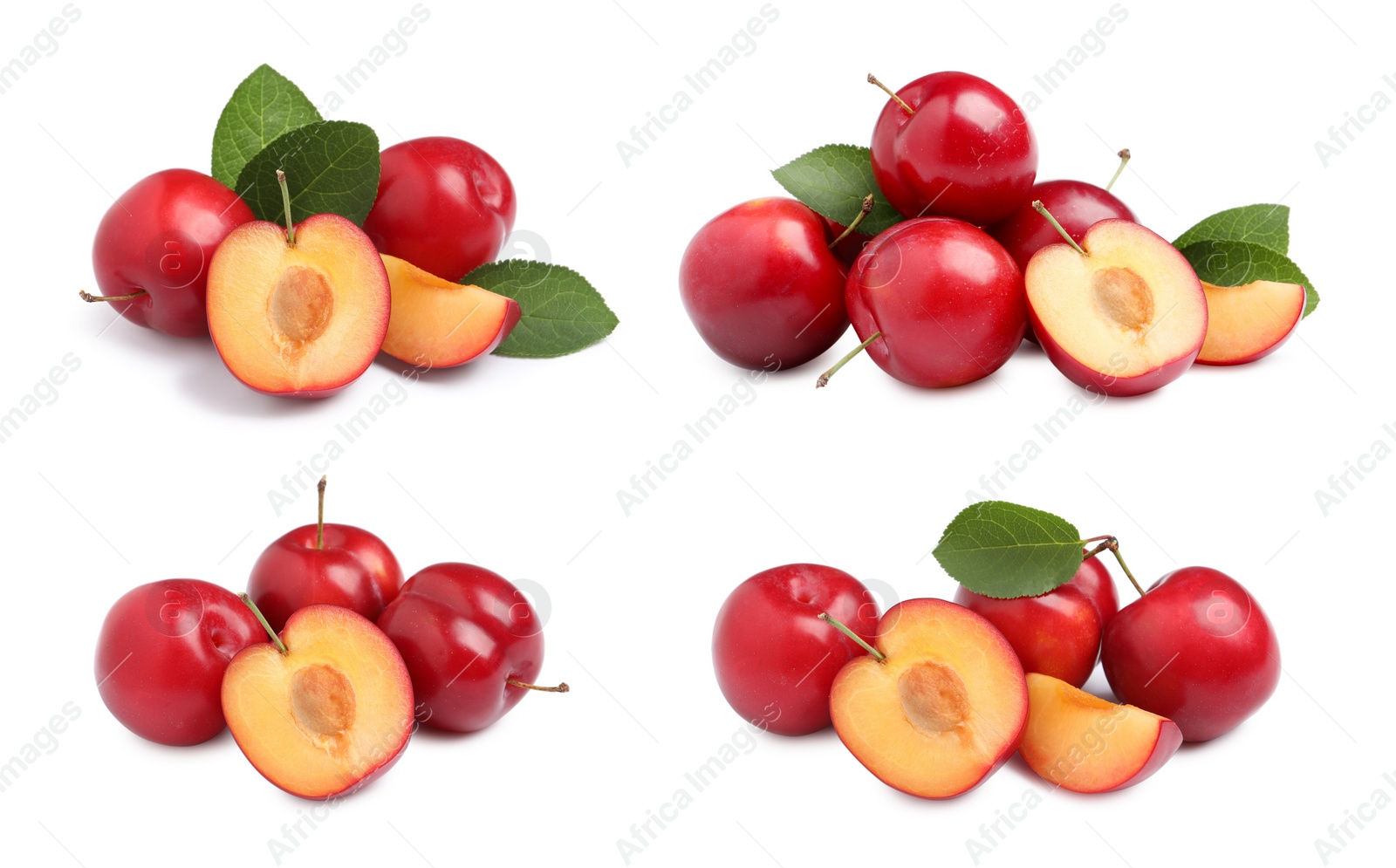 Image of Set with delicious ripe cherry plums on white background 