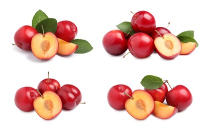 Image of Set with delicious ripe cherry plums on white background 