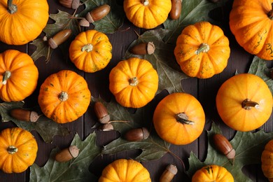 Photo of Thanksgiving day. Flat lay composition with pumpkins on table