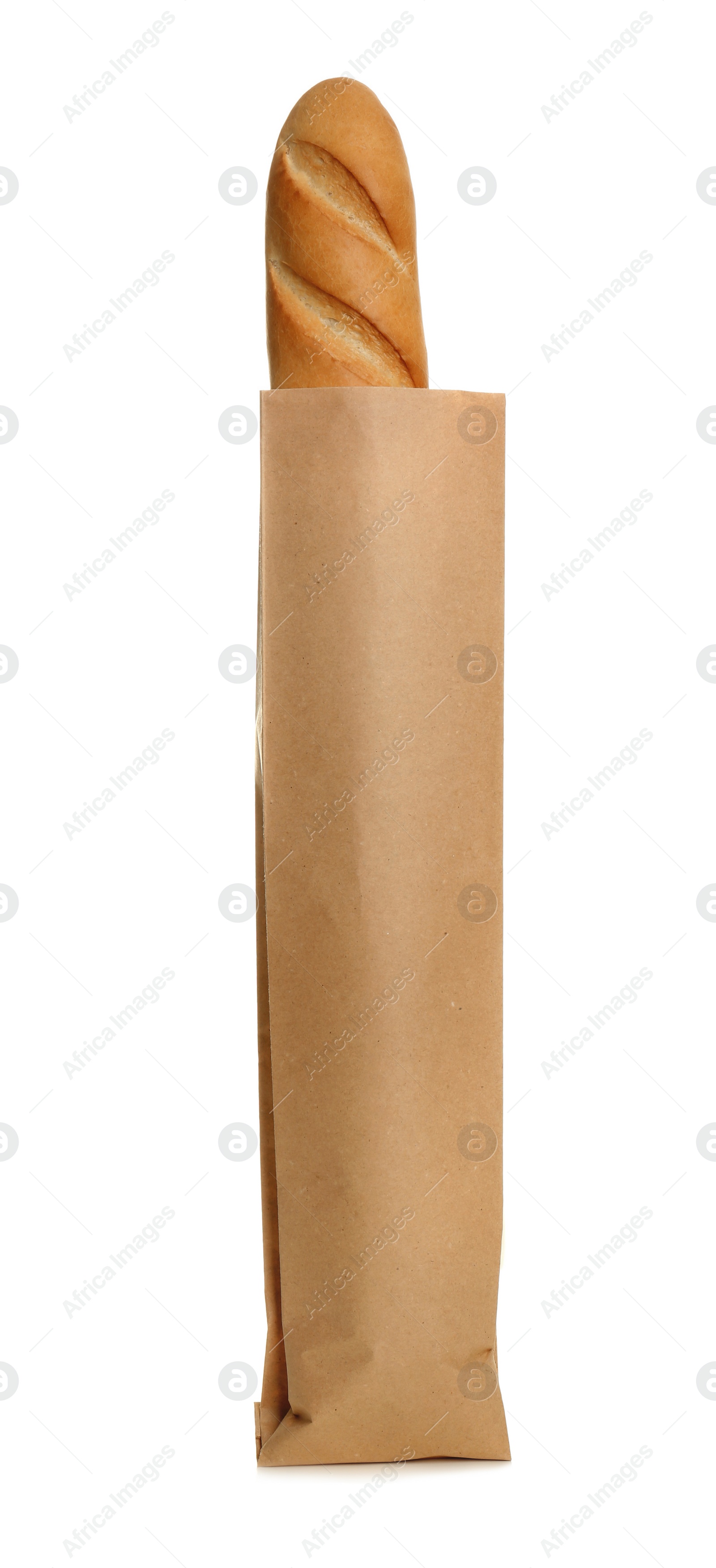 Photo of Paper bag with baguette on white background. Space for design