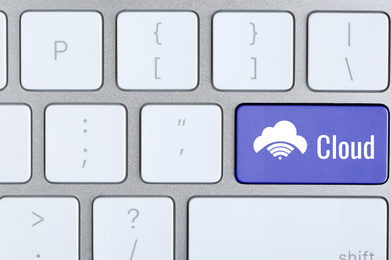 Image of Cloud technology. Modern computer keyboard, closeup view 