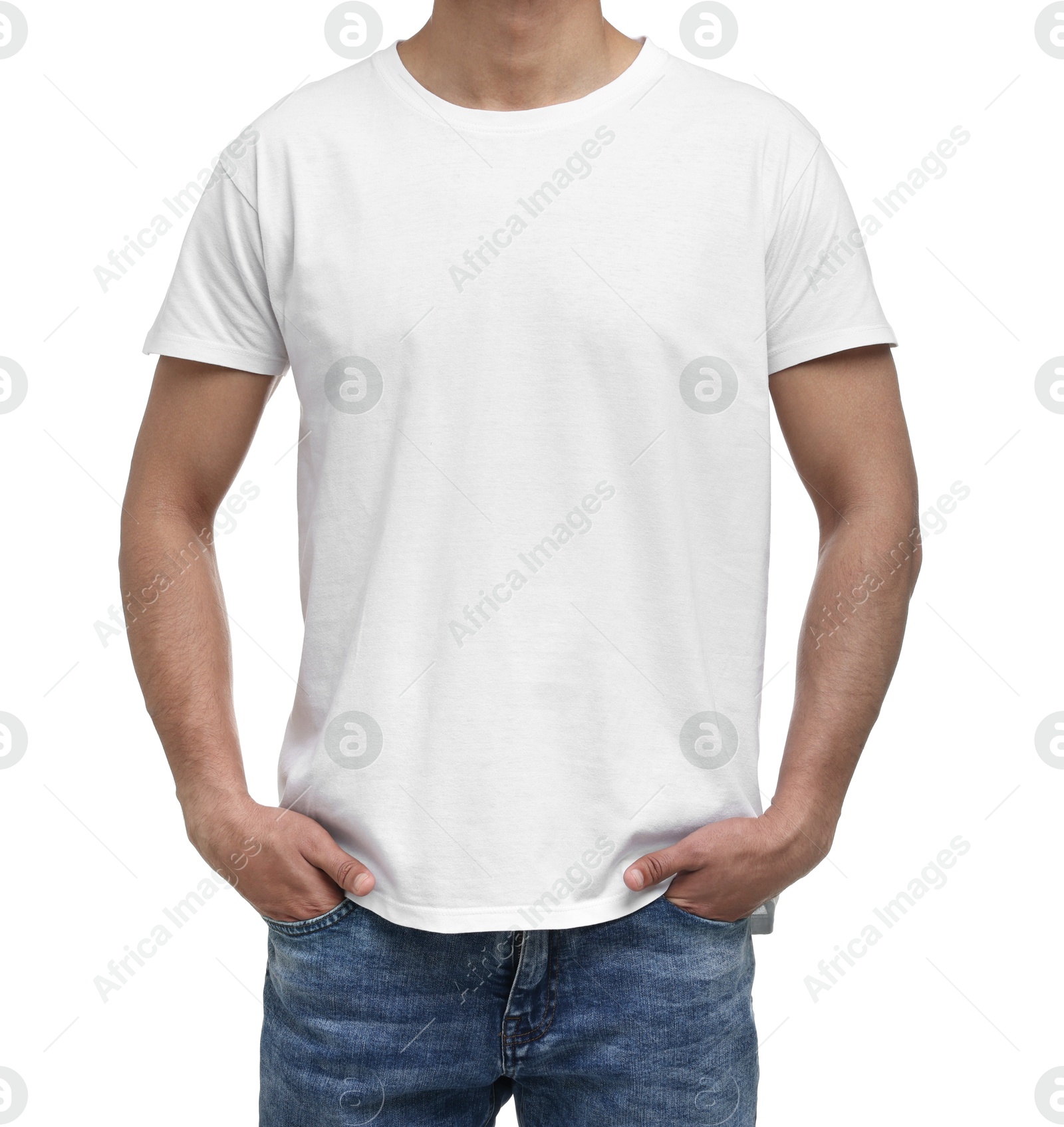 Photo of Man in t-shirt on white background, closeup