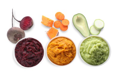 Photo of Different delicious puree in bowls and fresh ingredients on white background, top view. Healthy food