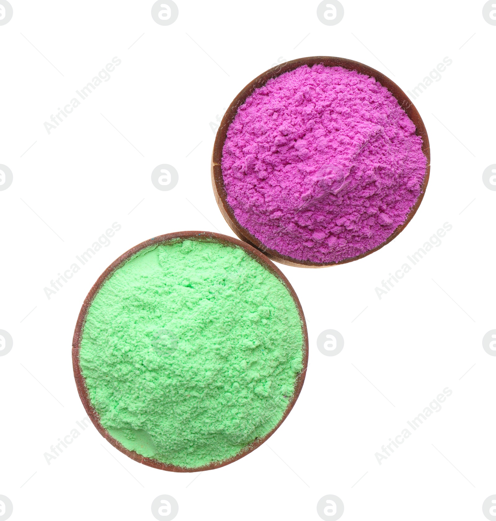 Photo of Colorful powders in bowls on white background, top view. Holi festival celebration