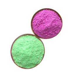 Colorful powders in bowls on white background, top view. Holi festival celebration