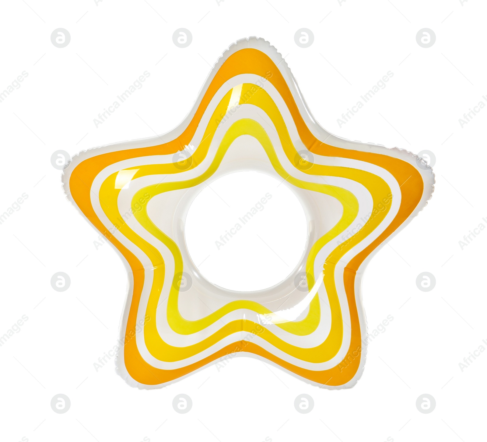 Photo of Bright star-shaped inflatable ring on white background. Summer holidays