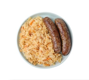 Photo of Plate with sauerkraut and sausages isolated on white, top view