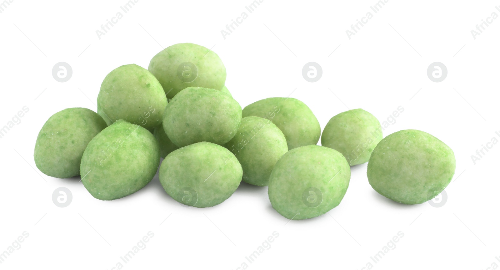 Photo of Pile of wasabi coated peanuts on white background