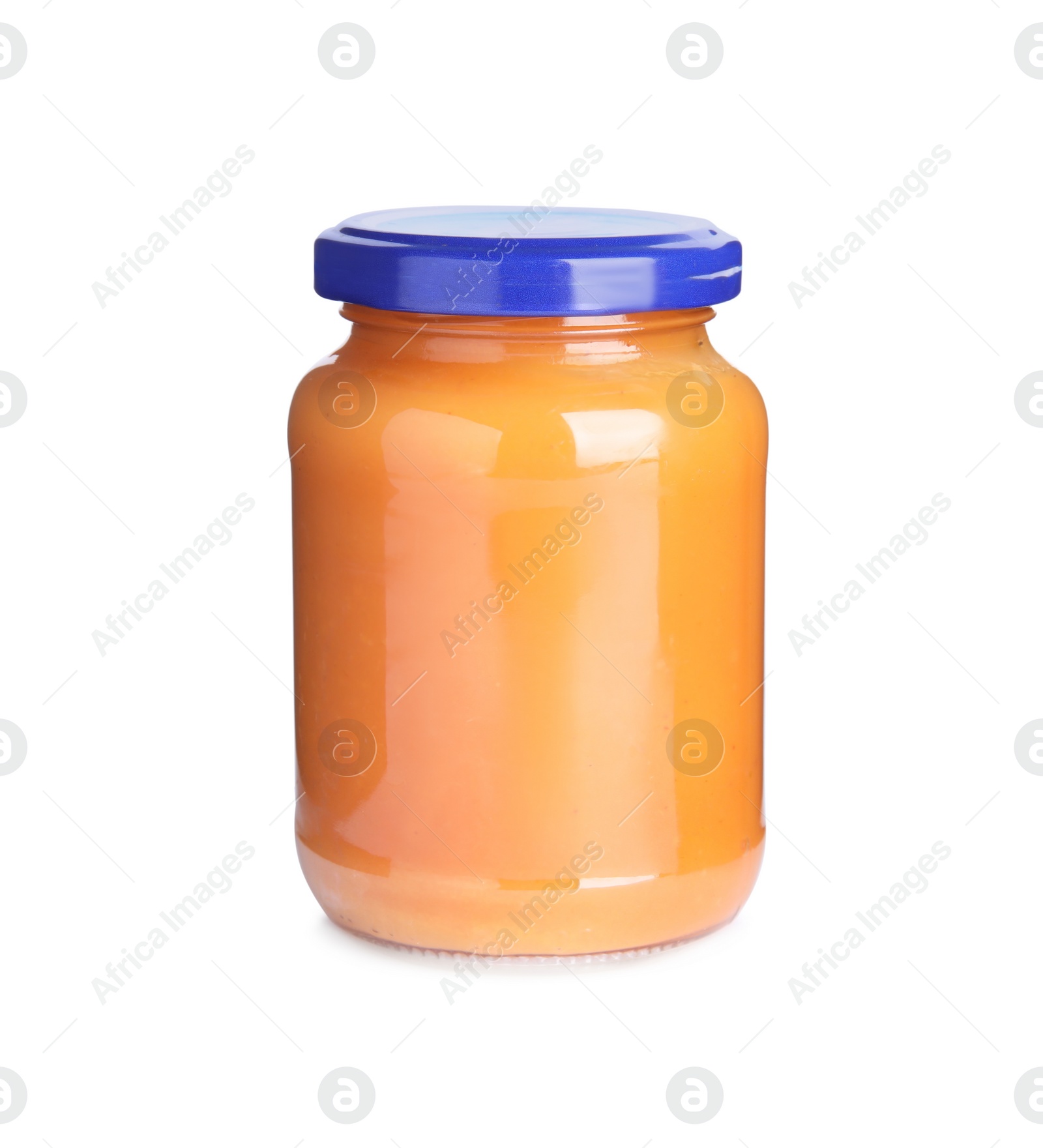 Photo of Jar with baby food isolated on white