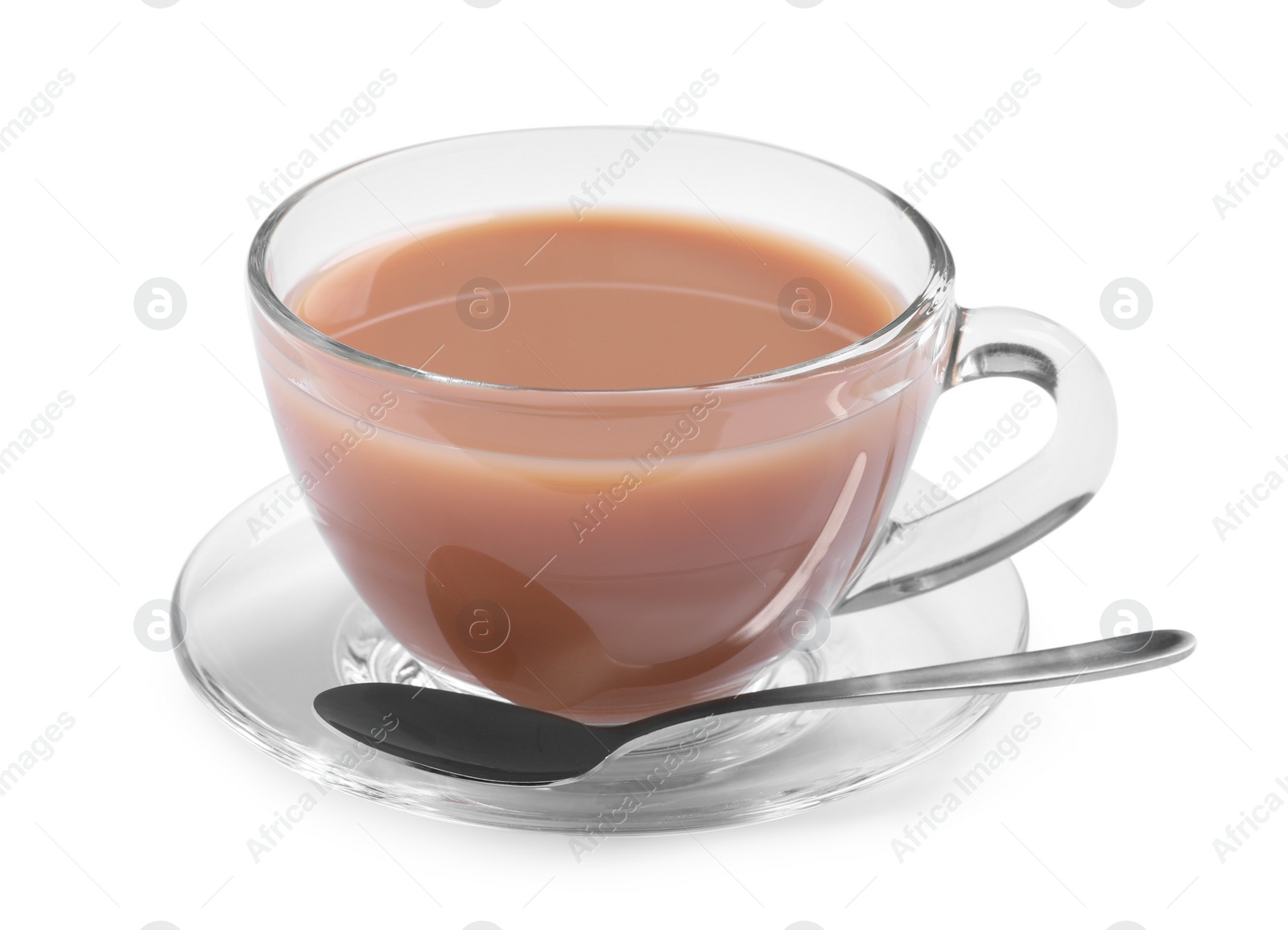 Photo of Delicious tea with milk on white background